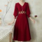 3/4-sleeve V-neck Embroidered Midi A-line Evening Dress