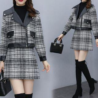 Set: Plaid Biker Jacket + Mini Pencil Skirt