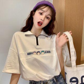 Cartoon Print Zip Short-sleeve Polo Shirt