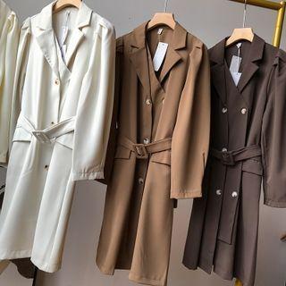 Plain Tie-waist Midi Coatdress