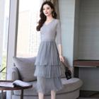 V-neck 3/4-sleeve Tiered Dress