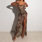Spaghetti-strap Leopard Print Slit Maxi A-line Dress