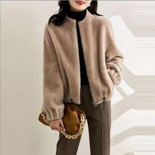 Round Neck Fluffy Zip-up Jacket