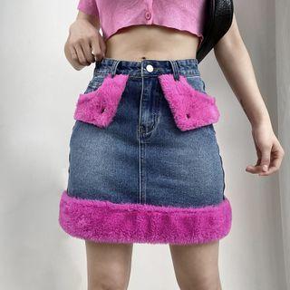 Fleece Panel Denim Skirt