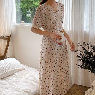 Floral Print Short-sleeve Midi A-line Dress As Shown In Figure - One Size