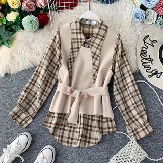 Set: Long-sleeve Plaid Shirt + Plain Vest