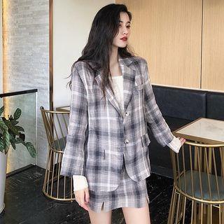 Color-block Plaid Long-sleeve Blazer / High-waist Plaid A-line Skirt