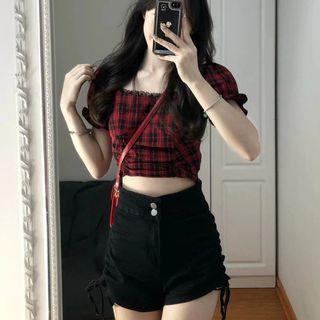 Puff-sleeve Plaid Crop Top / Drawstring High Waist Shorts / Set