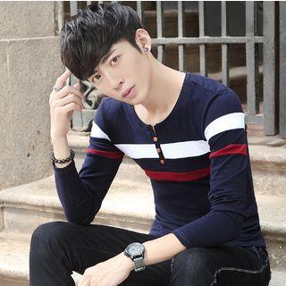 Color Panel Long Sleeve Henley T-shirt