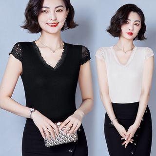 Cap-sleeve Lace Trim T-shirt