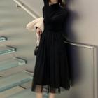 Long-sleeve Sheer Overlay Midi Dress Black - One Size