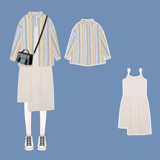 Spaghetti Strap Midi A-line Pleated Dress / Long-sleeve Striped Shirt