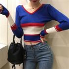 Long-sleeve Color Panel Knit Top Blue - One Size