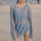 Set: Frill Trim Tankini Top + Bottom + Long-sleeve Glitter Mesh Top