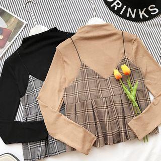 Set: Plain Long-sleeve Top + Check Pleated Camisole Top