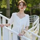 Puff-sleeve Drawstring Eyelet Lace Blouse