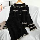 Set: Embroidered Trim Cardigan + A-line Velvet Skirt Cardigan - Black - One Size / Skirt - Black - One Size