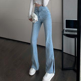 High Waist Slit-hem Boot-cut Pants