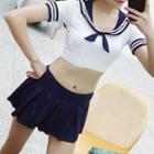 Set: Short-sleeve Sailor Collar Swim Top + Swim Skirt