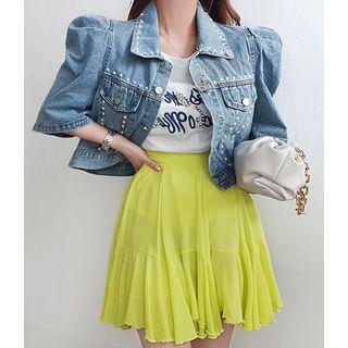 Puff-sleeve Faux-pearl Trim Denim Jacket Blue - One Size
