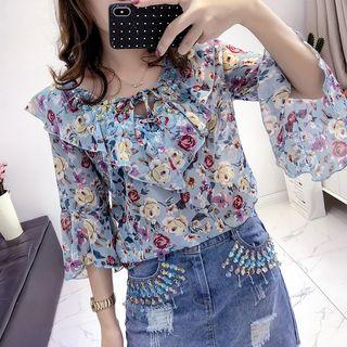 Set: Floral Print Bell-sleeve Chiffon Blouse + Sequined Ripped Denim Skirt