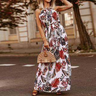 Floral Print Sleeveless Halter Midi A-line Dress