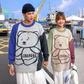 Cartoon Bear Color Block Crewneck Sweater