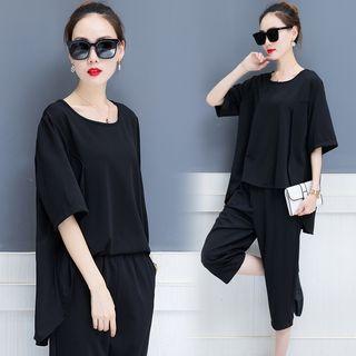 Set: Crew-neck Elbow-sleeve T-shirt + Cropped Pants