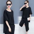 Set: Crew-neck Elbow-sleeve T-shirt + Cropped Pants