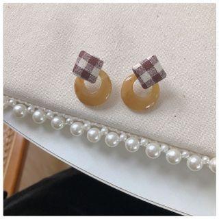 Square Plaid Resin Dangle Earring 1 Pair - Brown & White & Amber - One Size