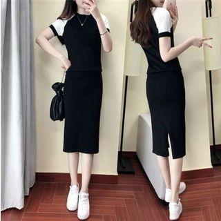 Set: Color Block Short-sleeve T-shirt + Back Slit Straight Fit Skirt