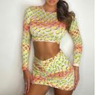 Long Sleeve Print Crop Top +skirt