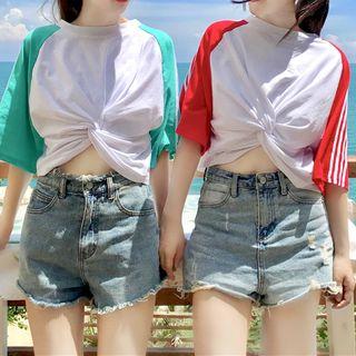 Striped Elbow-sleeve Twisted T-shirt