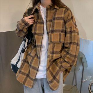 Plaid Woolen Long-sleeve Shirt Yellow - One Size