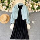 Set : Plain Big-pocket Jacket + Round-neck Long-sleeve Dress