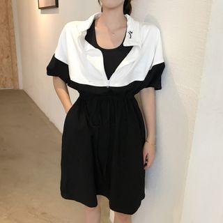 Color Block Elbow-sleeve A-line Dress As Shown In Figure - One Size