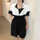 Color Block Elbow-sleeve A-line Dress As Shown In Figure - One Size