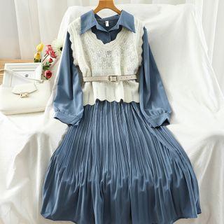 Set: Plain Long-sleeve Midi A-line Dress + Knit Vest
