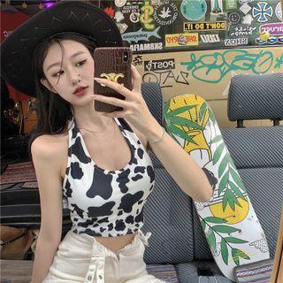 Halter-neck Cow Print Cropped Top Cow Print - Black & White - One Size