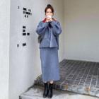 Set: Contrast Collar Button-up Jacket + Midi Pencil Skirt