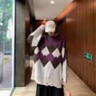 Long-sleeve Argyle Color Block Ripped Sweater