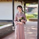 3/4-sleeve Floral Trim Qipao Dress