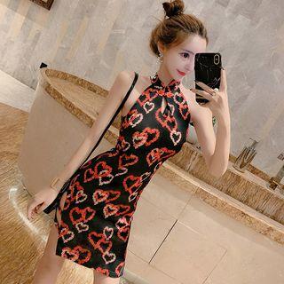 Traditional Chinese Halter Heart Print Mini Sheath Dress