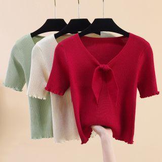 Ribbon Short-sleeve Cropped Knit Top