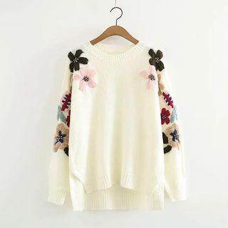 Floral Embroidered Round-neck Sweater Beige - One Size