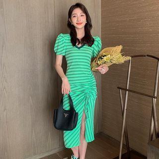 Puff-sleeve Striped Slit Midi Bodycon Dress