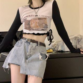 Long-sleeve Print Drawstring Ruffled-trim  Cropped T-shirt Black & White - One Size