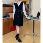 V-neck Plain Button-up Knit Dress Black - One Size