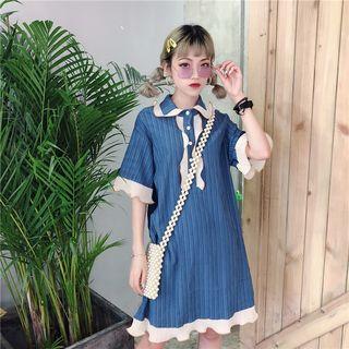 Elbow-sleeve Ruffle-trim Collared Dress Blue - One Size