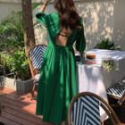 Lantern-sleeve Round Neck Open-back A-line Dress
